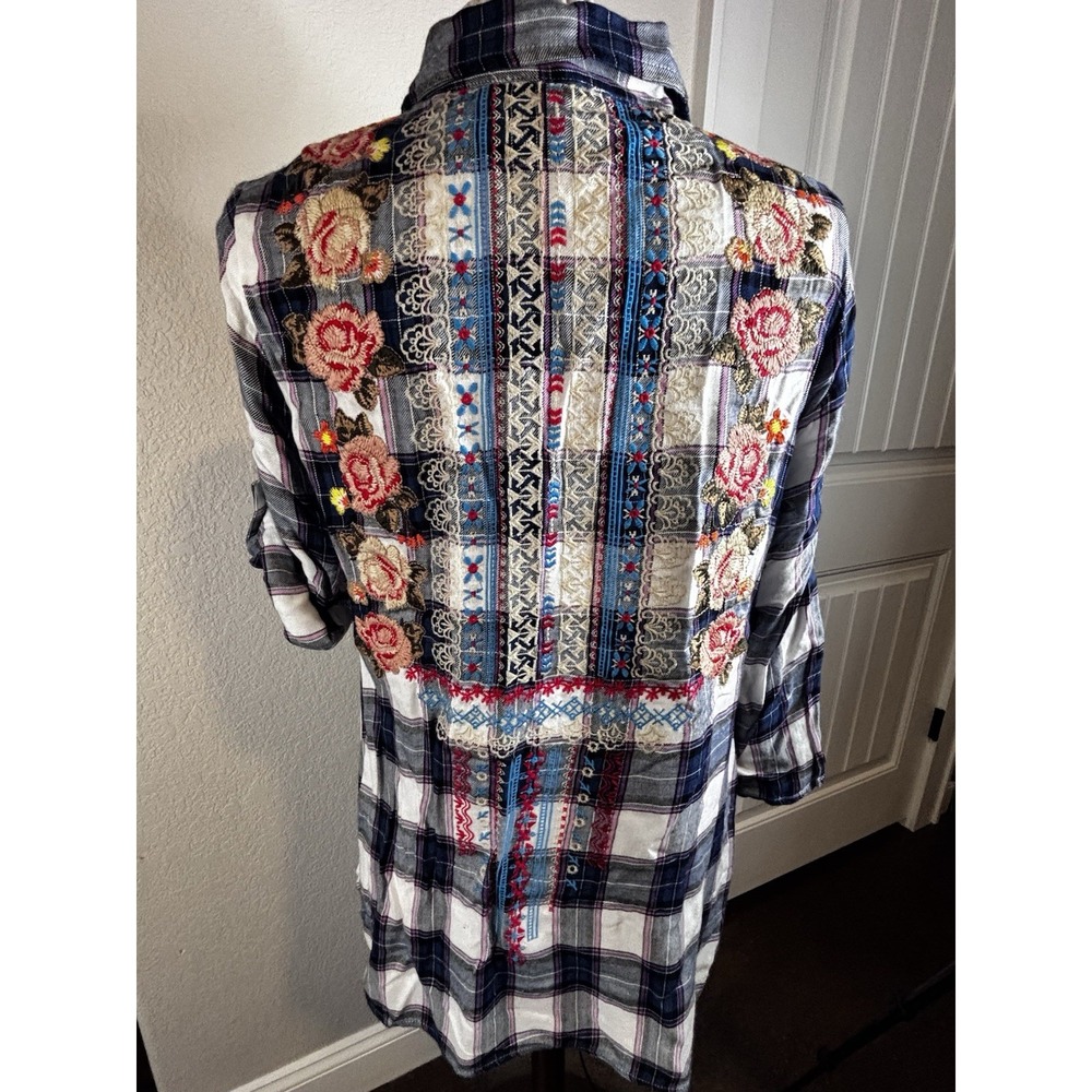 Andre By Unit Embroidered Flannel Plaid Button Up‎ Women's Shirt S Boho Cottage